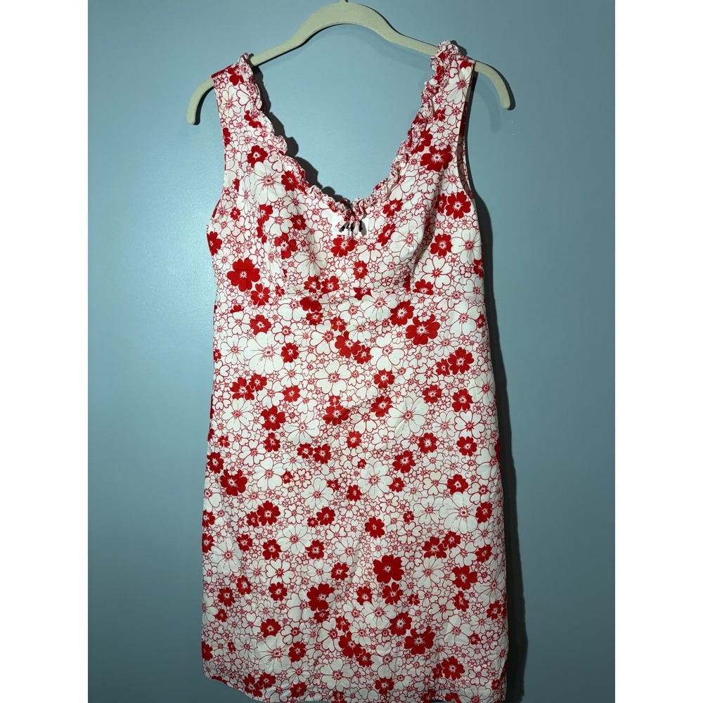 Zara Red White Floral Ruffle V-Neck Mini Dress Sleeveless Summer Sun Dress